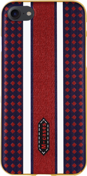 Apple iPhone 8 szilikon tok bőrhatású piros/fehér csíkkal középen arany kerettel