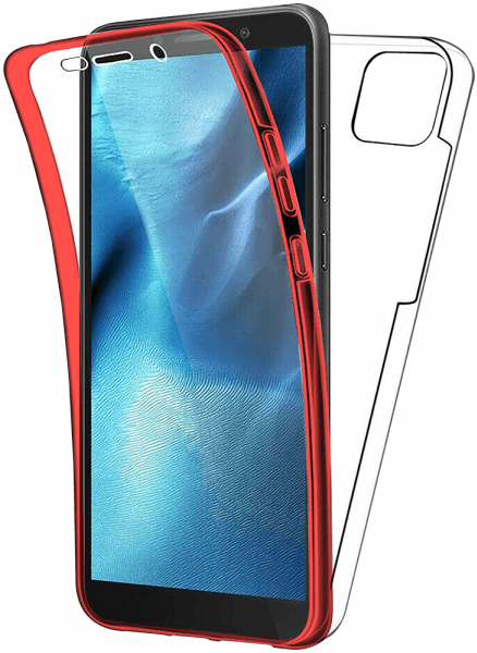 Huawei Y5P kemény hátlap szilikon előlap piros kerettel 360 ° védelem átlátszó