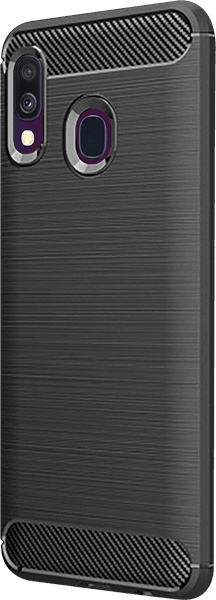 Samsung Galaxy A40 (SM-405) ütésálló szilikon tok szálcsiszolt-karbon minta légpárnás sarok fekete