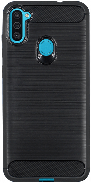 Samsung Galaxy M11 (SM-M115F) ütésálló szilikon tok szálcsiszolt-karbon minta légpárnás sarok fekete