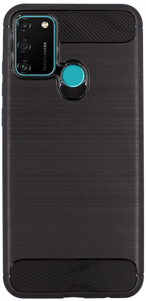 Huawei Honor 9A ütésálló szilikon tok szálcsiszolt-karbon minta légpárnás sarok fekete