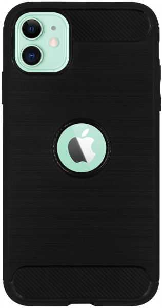 Apple iPhone 11 ütésálló szilikon tok szálcsiszolt-karbon minta légpárnás sarok logó kihagyós fekete
