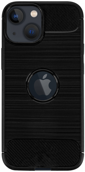 Apple iPhone 13 Mini ütésálló szilikon tok szálcsiszolt-karbon minta légpárnás sarok logó kihagyós fekete