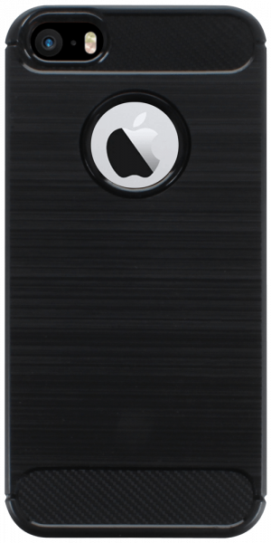 Apple iPhone SE (2016) ütésálló szilikon tok szálcsiszolt-karbon minta légpárnás sarok logó kihagyós fekete