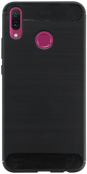 Huawei Y9 2019 ütésálló szilikon tok szálcsiszolt-karbon minta légpárnás sarok fekete