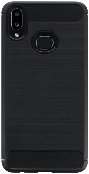 Samsung Galaxy A10s (SM-A107M) ütésálló szilikon tok szálcsiszolt-karbon minta légpárnás sarok fekete