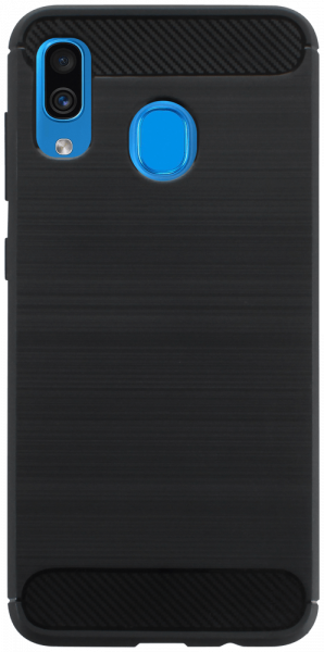 Samsung Galaxy A20 (SM-205) ütésálló szilikon tok szálcsiszolt-karbon minta légpárnás sarok fekete