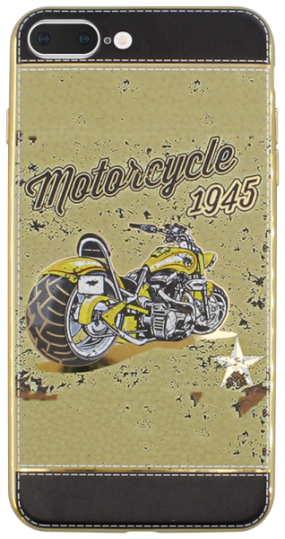 Apple iPhone 7 Plus szilikon tok bőrhatású "motorcycle 1945" mintás bézs, arany kerettel