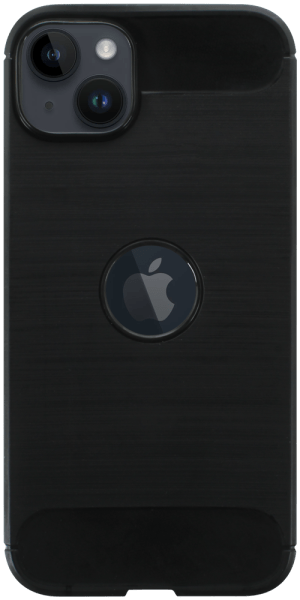 Apple iPhone 14 Plus ütésálló szilikon tok szálcsiszolt-karbon minta légpárnás sarok logó kihagyós fekete